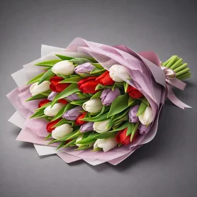 Весна на ладонях - букет из разноцветных тюльпанов